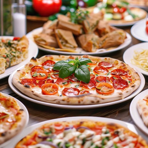 A table laden with various Bacio pizzas, including pepperoni, and other Italian dishes.