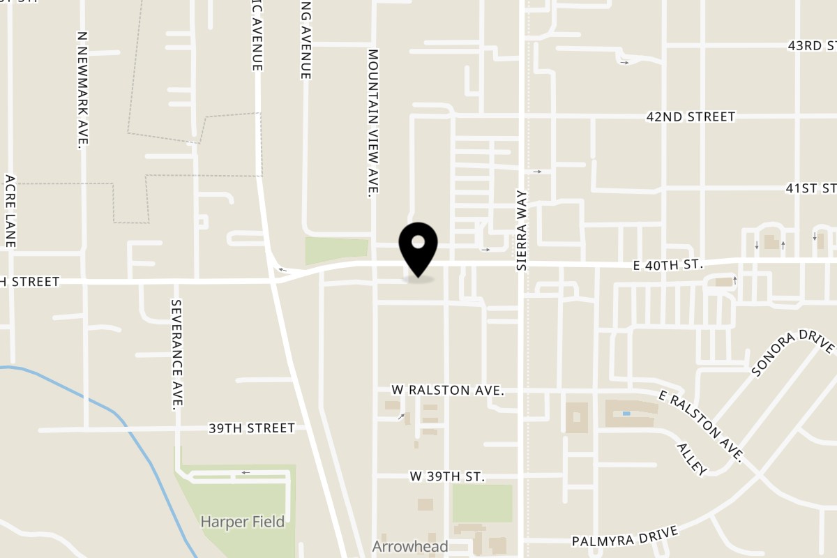 Map showing the location of Bacio Pizza on 171 West 40th Street in San Bernardino
